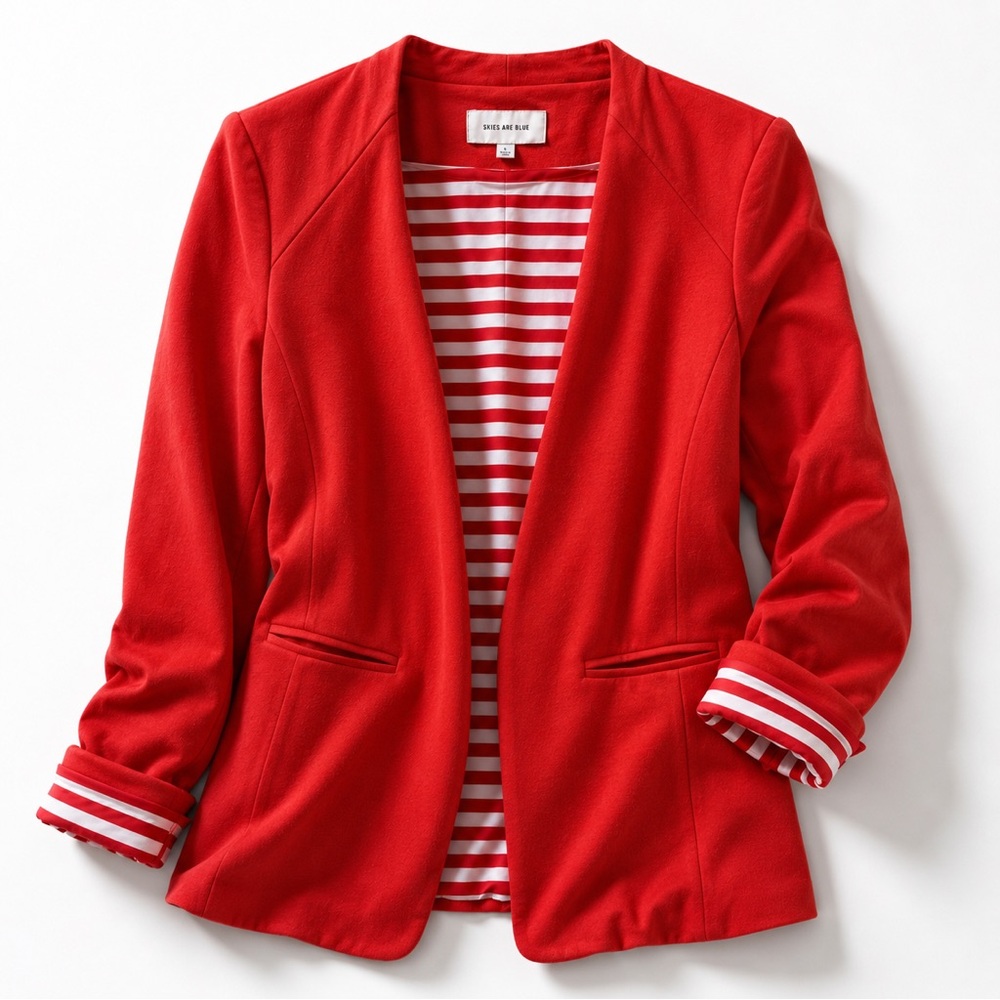 Anthropologie Skies Are Blue Coral Open Front Knit Blazer Striped Lining Small